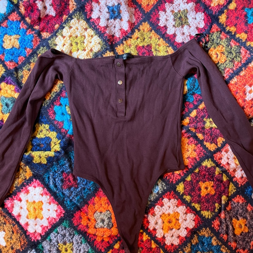 brown off shoulder bodysuit